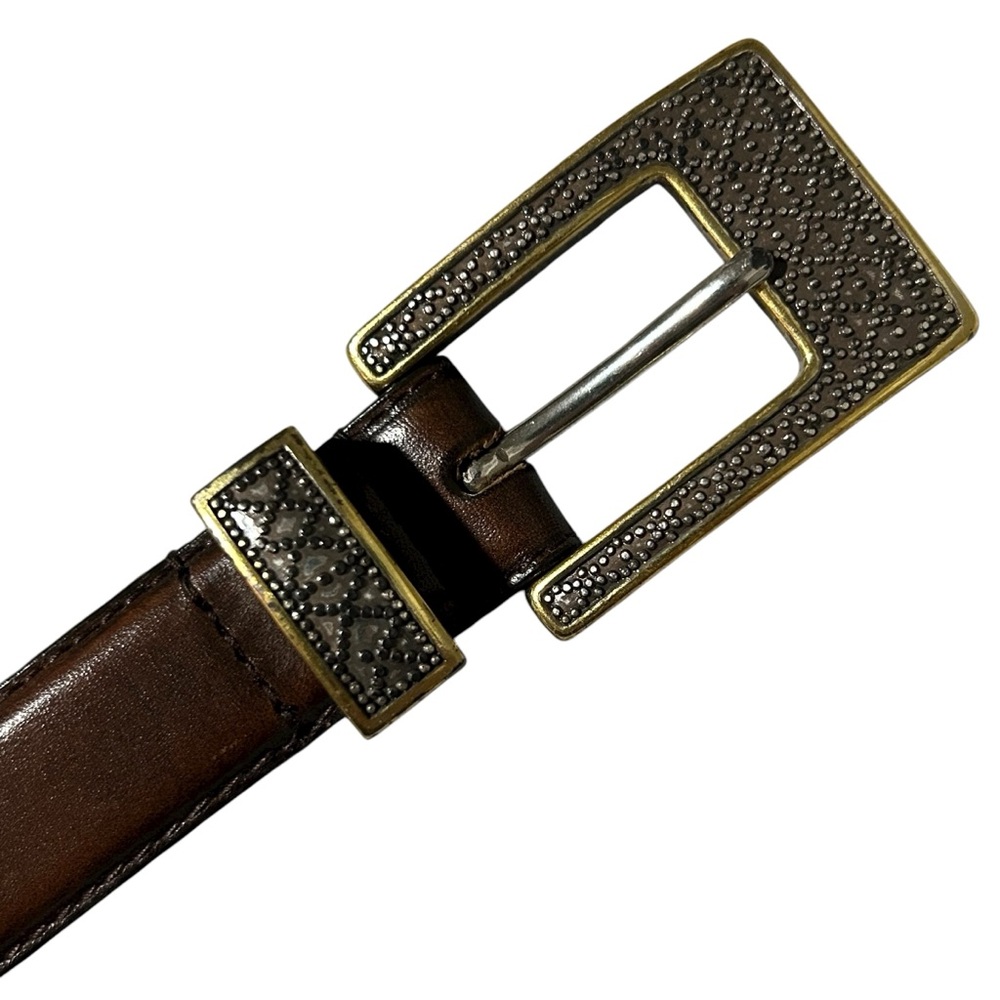 VTG Y2K Fossil Women’s Brown Leather Belt, Sparkly Silver & Gold Textured Buckle